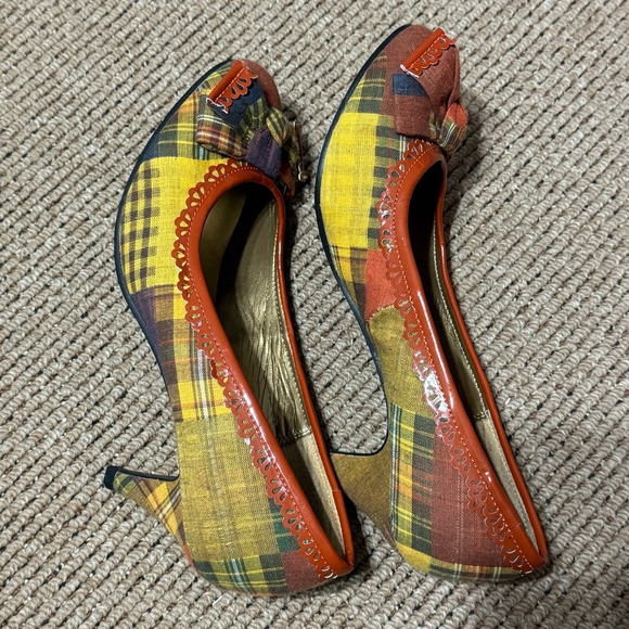 Qupid Yellow Red Plaid Multicolor Plaid Fabric Bow Heels Women 8 - Picture 5 of 8